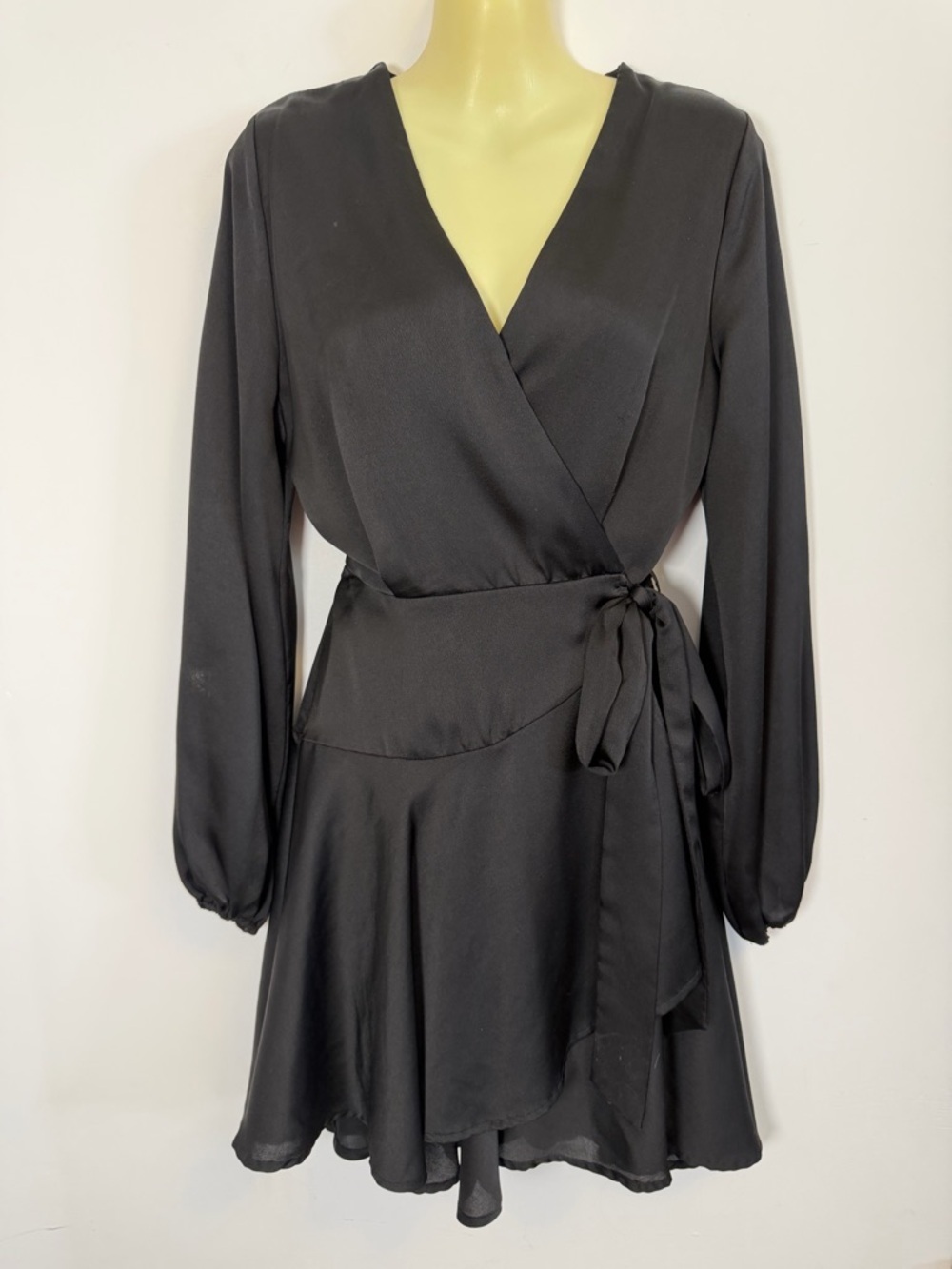 She + Sky Black Wrap-Front Long-Sleeve Dress